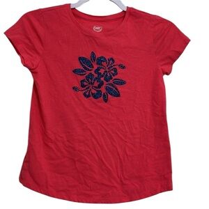 Wonder Nation Girls 10/12 Tee Shirt, Dark Pink with Blue Glitter Flower Graphic